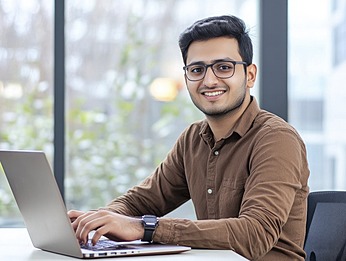 handsome young indian man wearing glasses, smiling while sitting at his desk with a laptop in the office.