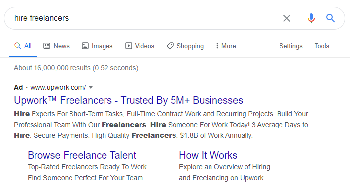 Google Ads upwork search ad
